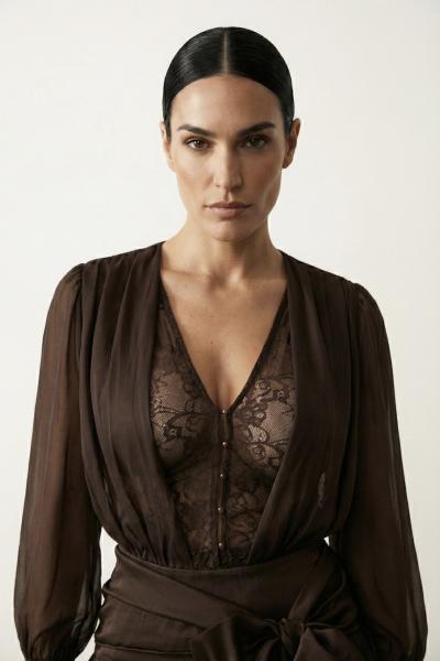 Mira Dantel Detaylı Tasarım Elbise  Acı Kahve