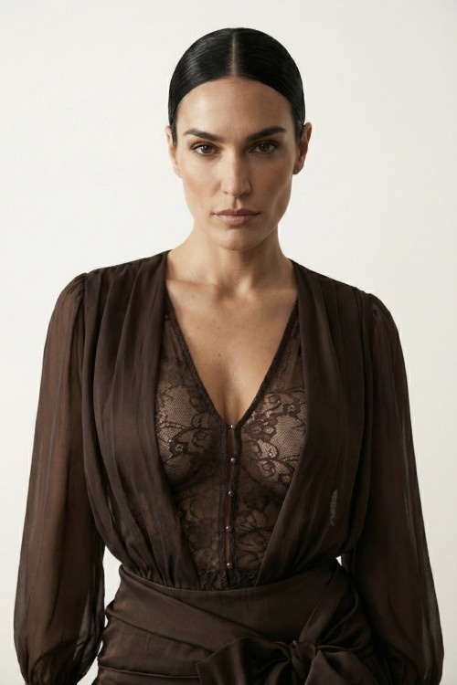 Mira Dantel Detaylı Tasarım Elbise  Acı Kahve