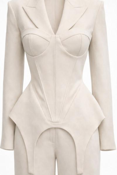 Donna korseli blazer pantolon set Bej