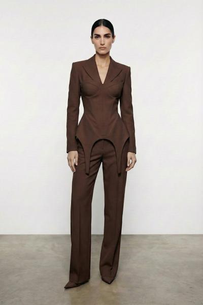 Donna korseli blazer pantolon set Kahverengi