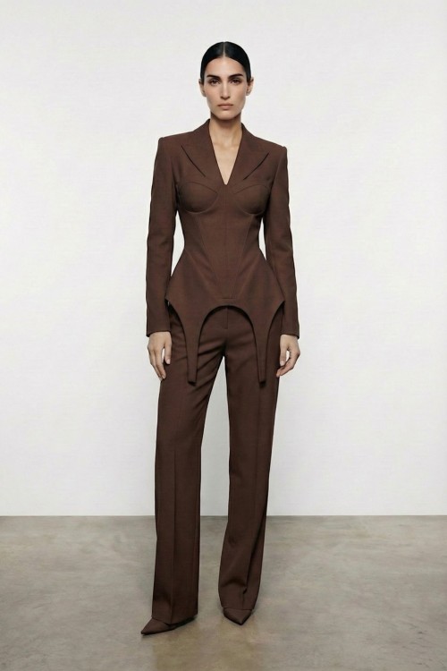 Donna korseli blazer pantolon set Kahverengi