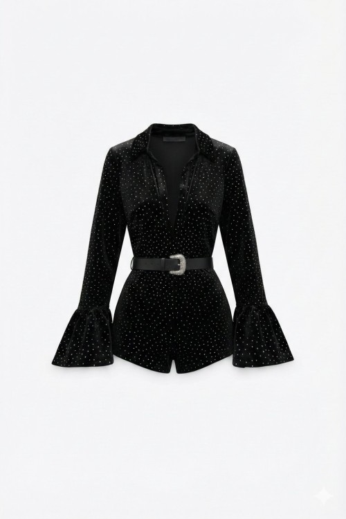 Kessia Taşlı Kadife Kumaş Şort Tulum Siyah