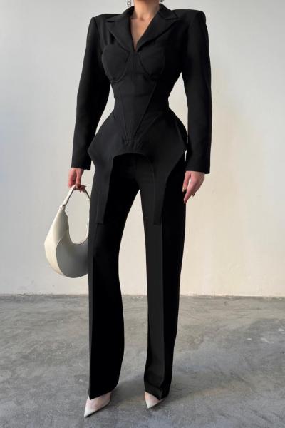 Donna korseli blazer pantolon set Siyah