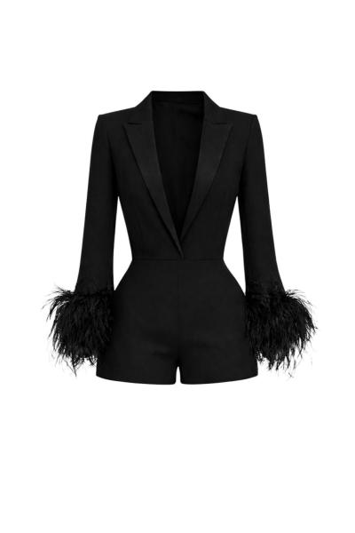 Hilana Kolları Tüylü Şortlu Tulum Siyah