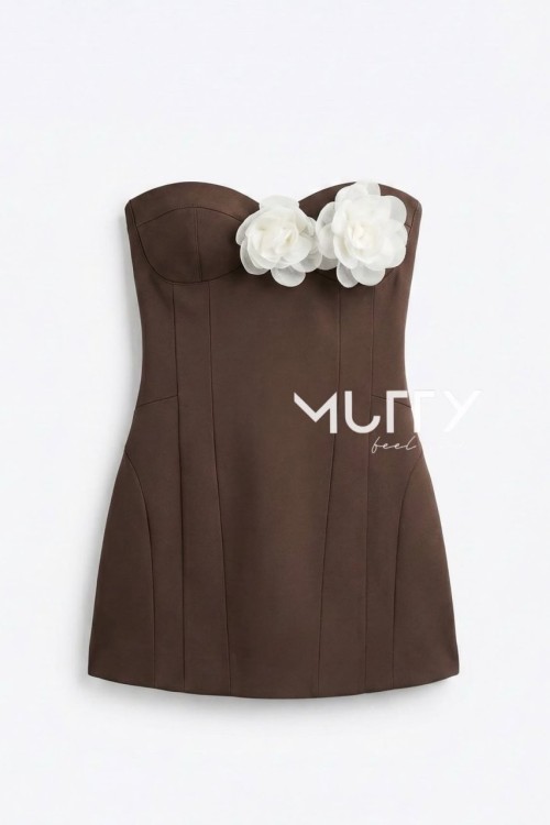 Como Gül Detaylı Straplez Elbise Kahverengi