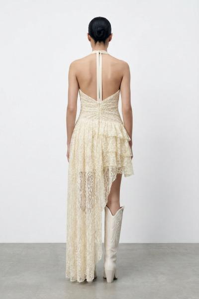 Mila kabarik fransiz gupur yani uzun asimetrik sert dekolteli elbise  Bej