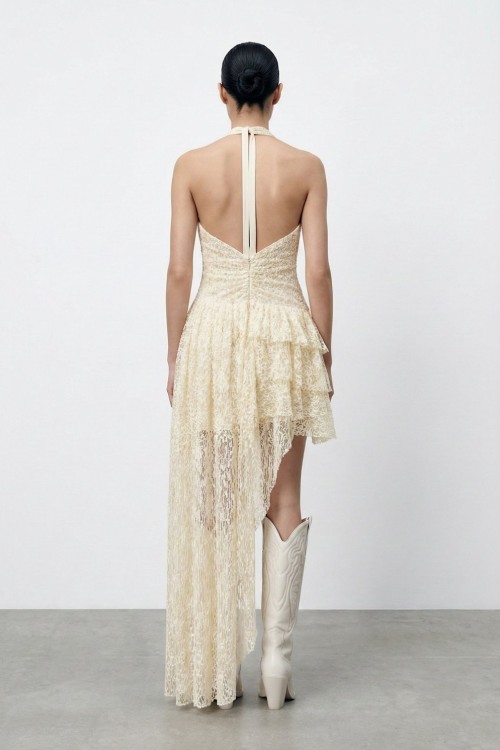 Mila kabarik fransiz gupur yani uzun asimetrik sert dekolteli elbise  Bej