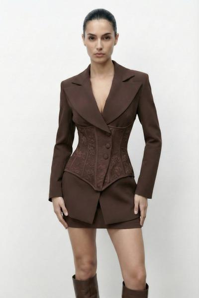 Cannes Vatkalı Korse Detaylı Premium Takım Kahverengi