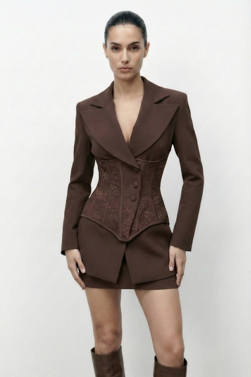 Cannes Vatkalı Korse Detaylı Premium Takım Kahverengi