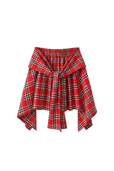 Hola Ekoseli Onu Bağlamalı Kilt Etek  Kırmızı