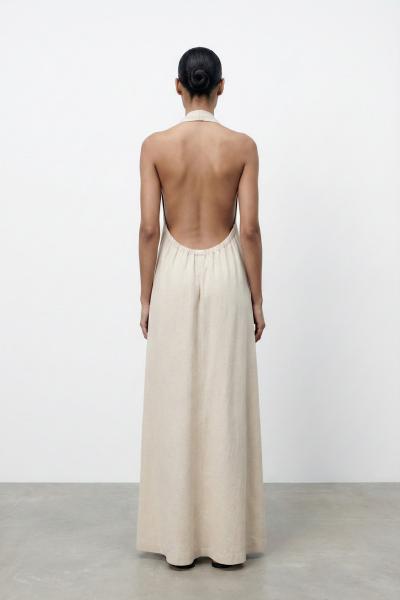 Morocco Sırt Dekolteli Keten Elbise Bej