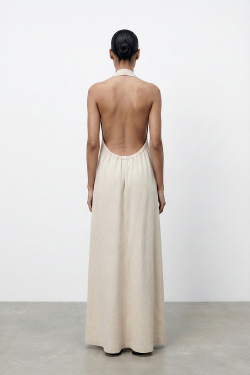 Morocco Sırt Dekolteli Keten Elbise Bej