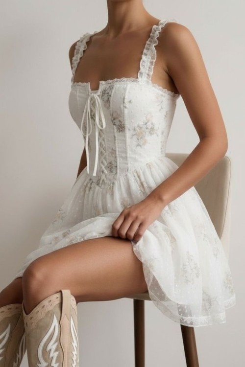 Sue Romantik Mini Elbise  Beyaz