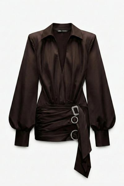 Ronda Broşlu Tasarım Saten Elbise  Acı Kahve