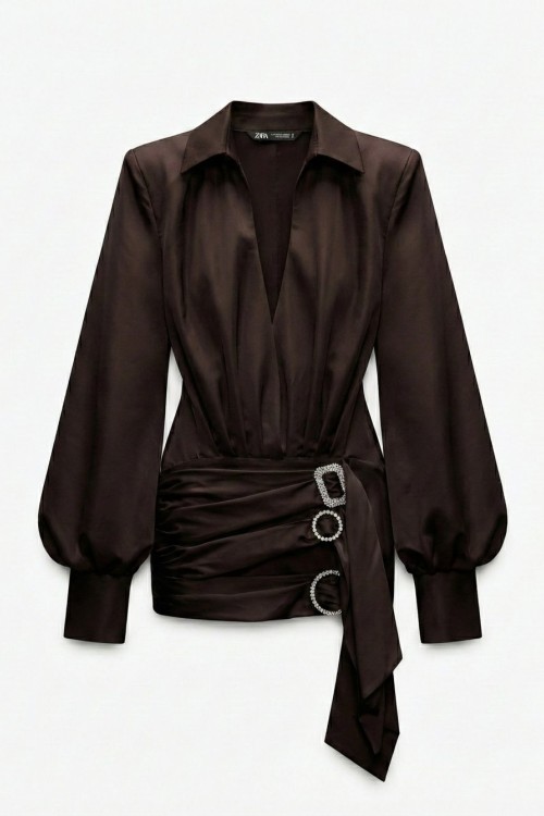 Ronda Broşlu Tasarım Saten Elbise  Acı Kahve