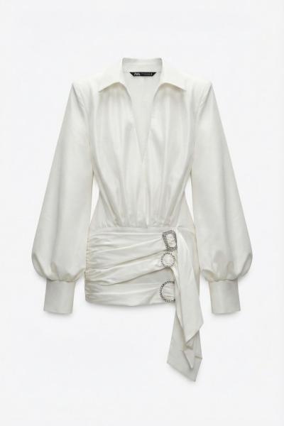 Ronda Broşlu Tasarım Saten Elbise  Beyaz