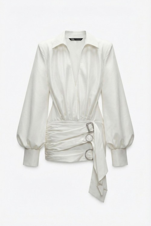 Ronda Broşlu Tasarım Saten Elbise  Beyaz