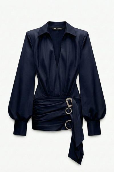 Ronda Broşlu Tasarım Saten Elbise  Lacivert