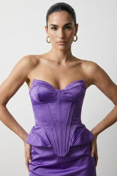 Rina Saten Korse Etek Set  Mor