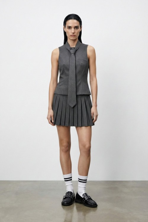 Kimber Çizgili Kumaş Kravatlı College Elbise Gri