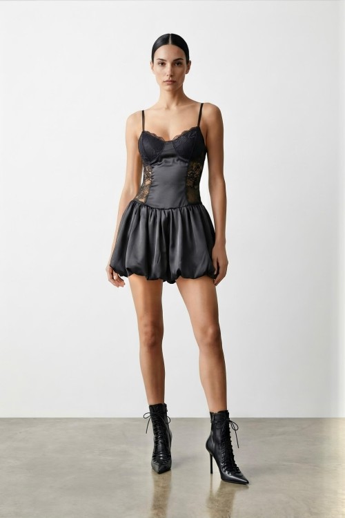 Munie Dantel Detaylı Balon Etekli Elbise Siyah