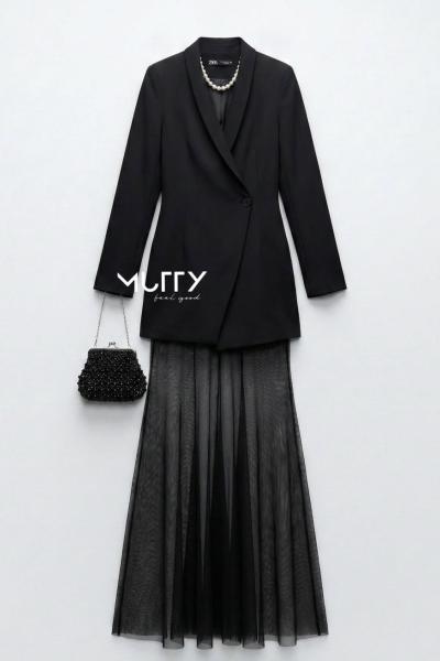 Hona Tül Etekli Blazer Elbise Siyah