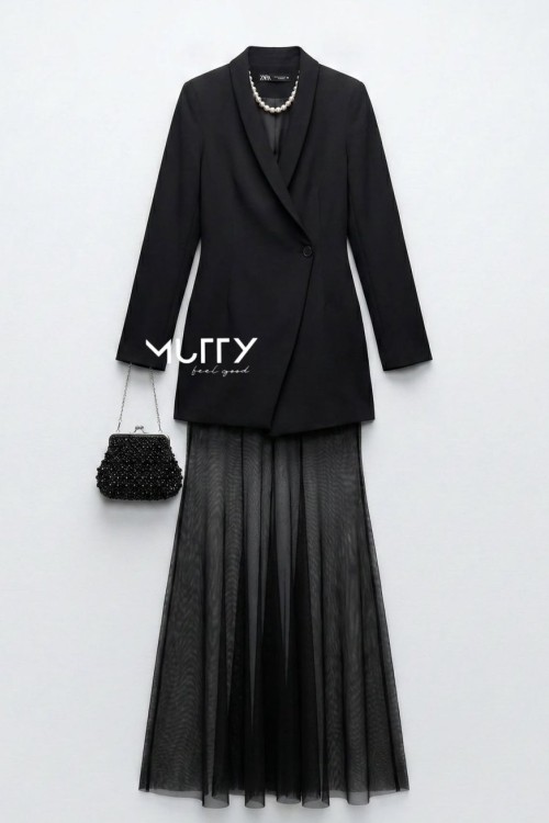 Hona Tül Etekli Blazer Elbise Siyah