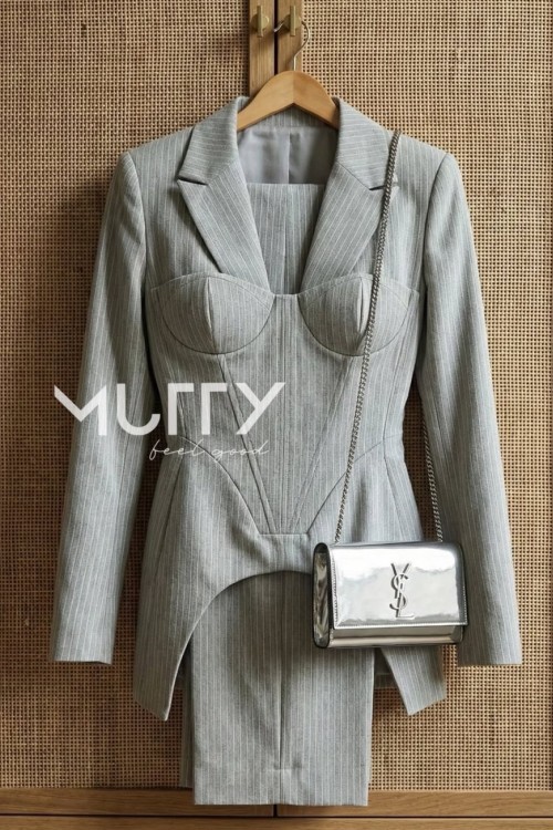 Donna korseli blazer pantolon set Gri