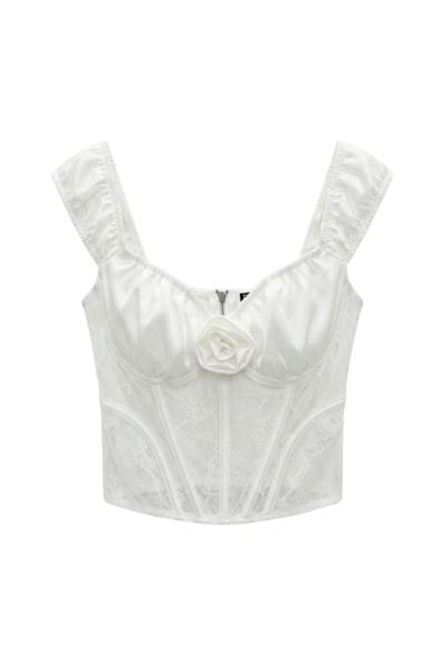 Rosa Gül Detaylı Crop Saten Bluz Beyaz