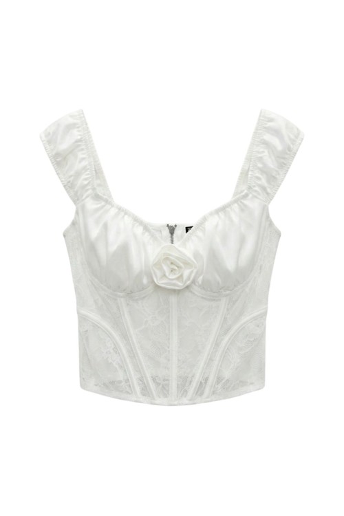 Rosa Gül Detaylı Crop Saten Bluz Beyaz