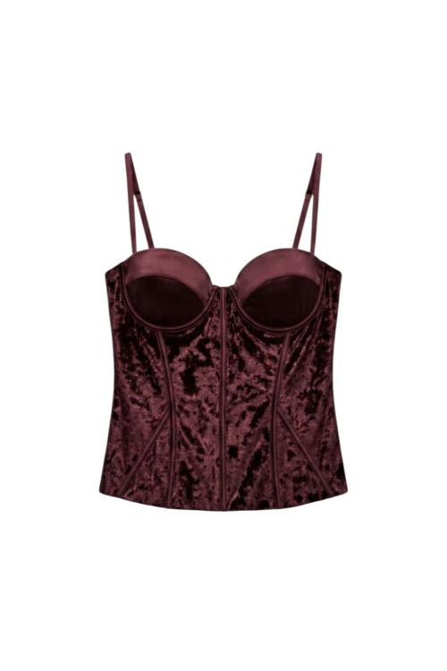 Winsy kadife ve saten karışımlı korse bluz Bordo