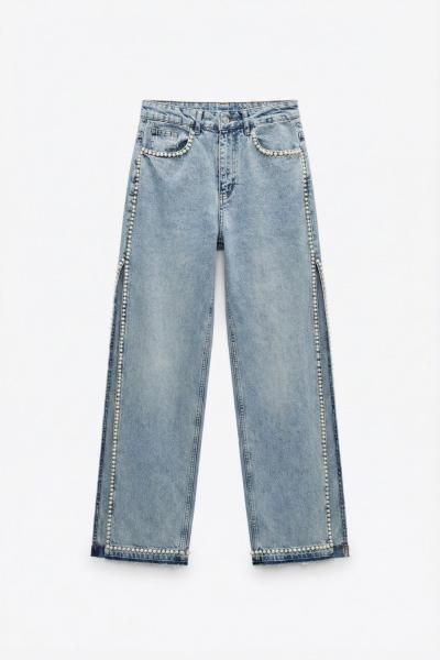 Lara Yanlari incili Yirtmacli Salas Pantolon Mavi