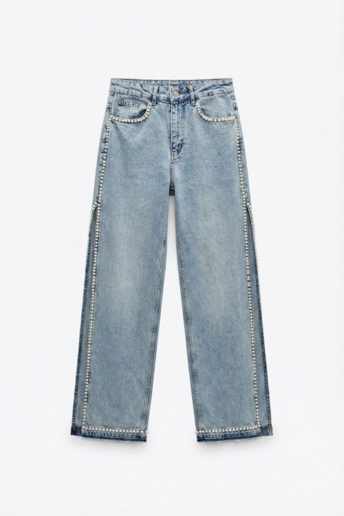 Lara Yanlari incili Yirtmacli Salas Pantolon Mavi