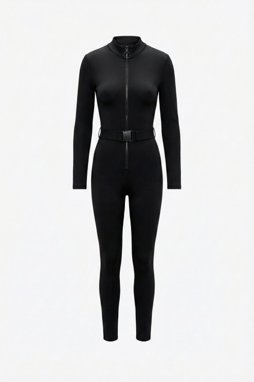 Melina önü Fermuarli Kemerli Tulum Siyah