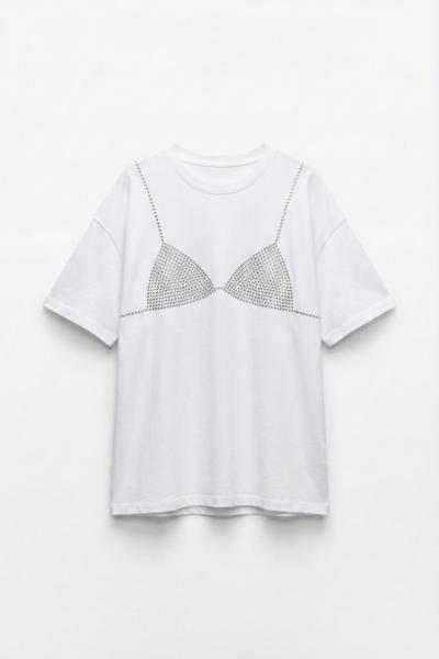 Selina Bikini Desenli Oversize T-shirt  Beyaz