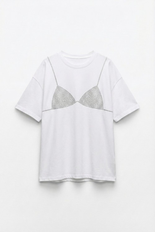 Selina Bikini Desenli Oversize T-shirt  Beyaz