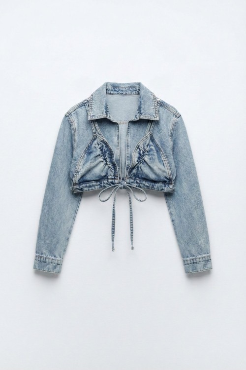 Neva Bikili Efektli Denim Crop Ceket Açık Mavi