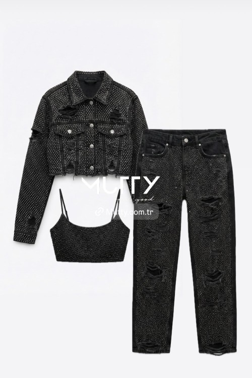 Yonda Taşlı Boyfriend Jean Pantolon  Siyah