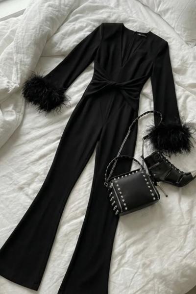 Magra V Dekolte Vatkalı Toparlayıcı İspanyol Tulum Siyah