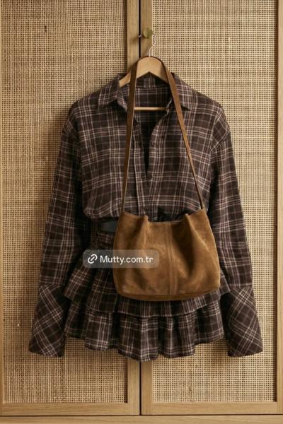 Bonita Kat Etekli Ekose Elbise Kahverengi