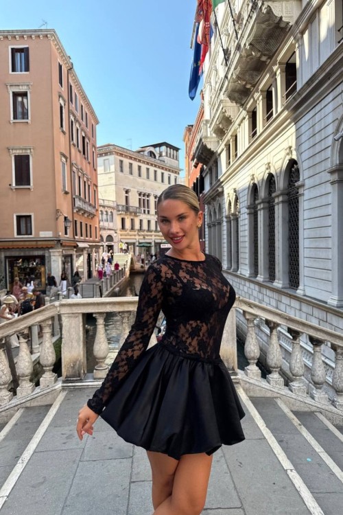 Tonya Transparan Balon Etekli Elbise Siyah