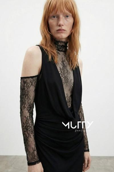 Aris Dantel Detay Eldivenli Maxi Elbise Siyah