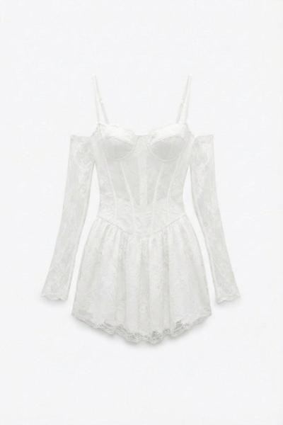 Wigan Korse Detaylı Dantel Elbise Beyaz