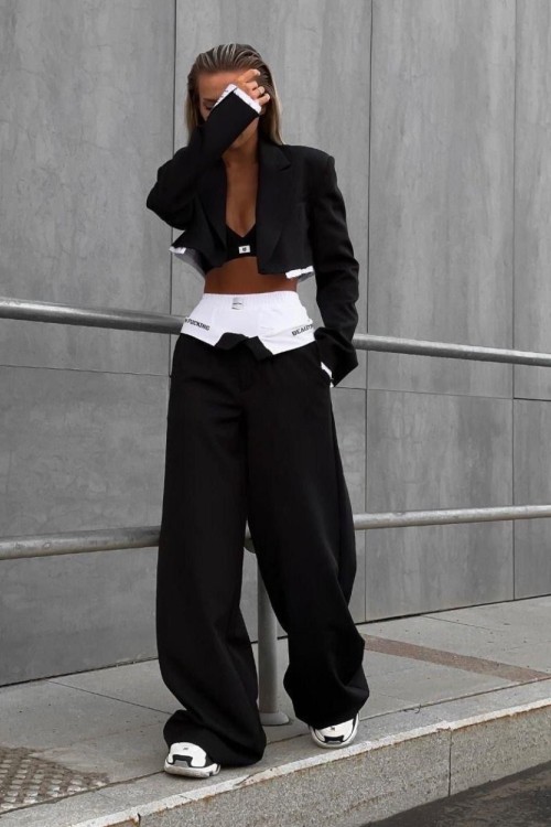 Luton Boxerli Pantolon+Crop+Blazer Set Siyah