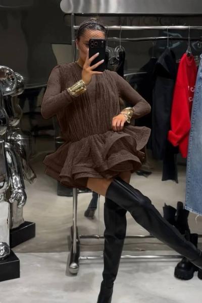 Jandal Kabarık Etekli İçi Şortlu Elbise Kahverengi