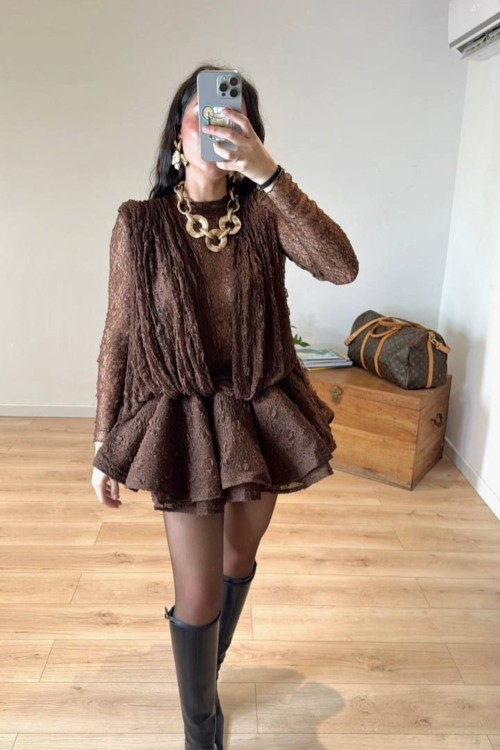 Jandal Kabarık Etekli İçi Şortlu Elbise Kahverengi