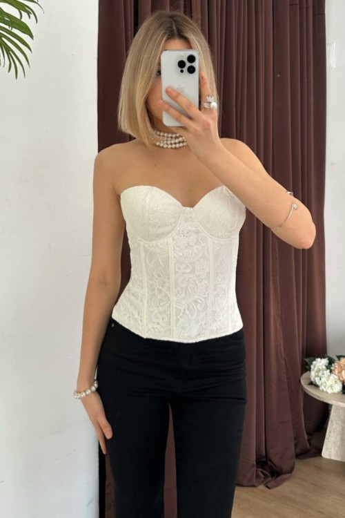 Lanus Dantel Detaylı Korse Straplez Beyaz