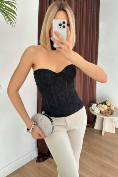 Lanus Dantel Detaylı Korse Straplez Siyah