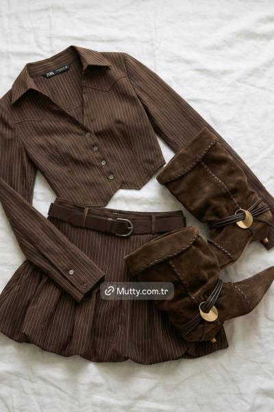 Tolima Çizgili Gömlek+Balon Etek Takım Kahverengi