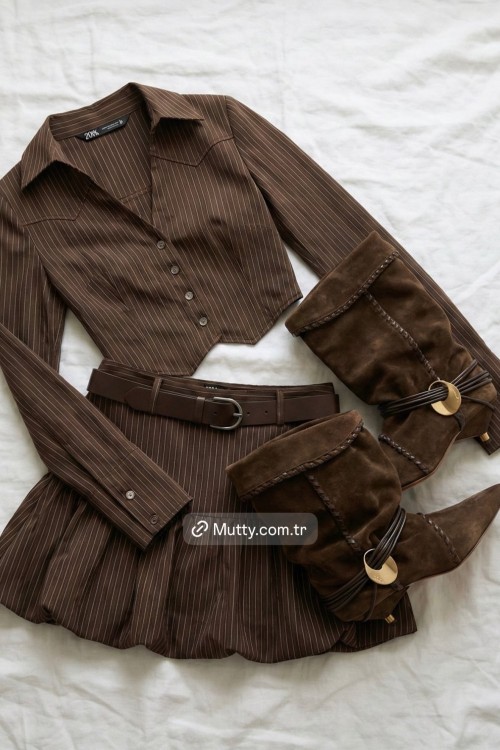 Tolima Çizgili Gömlek+Balon Etek Takım Kahverengi